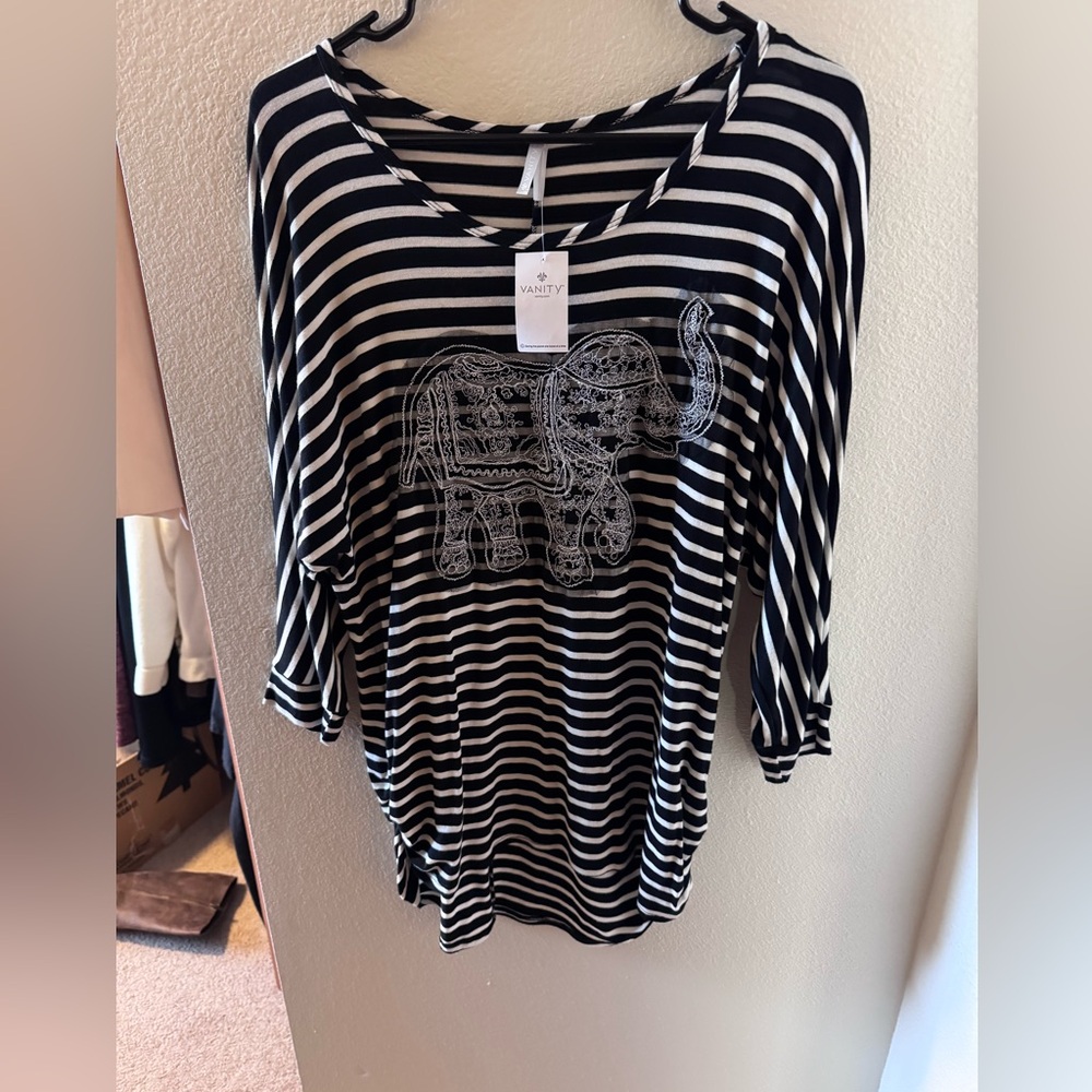 Vanity Striped Long Sleeve Top with Elephant Design